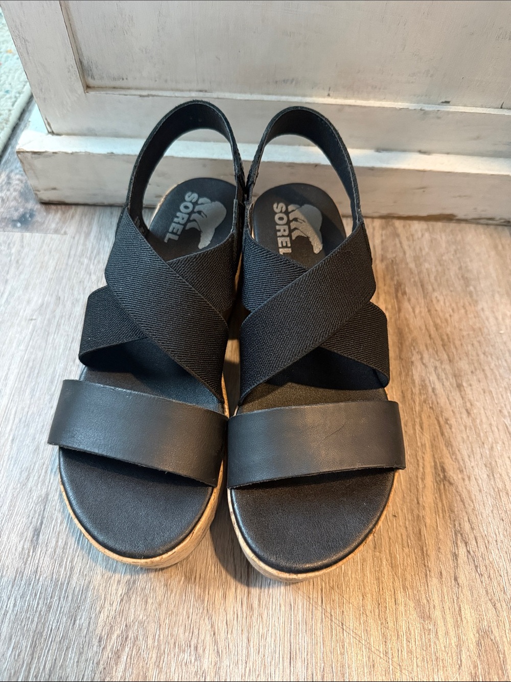 Sorel Black Crisscross Elastic & Leather Slingback Sandals